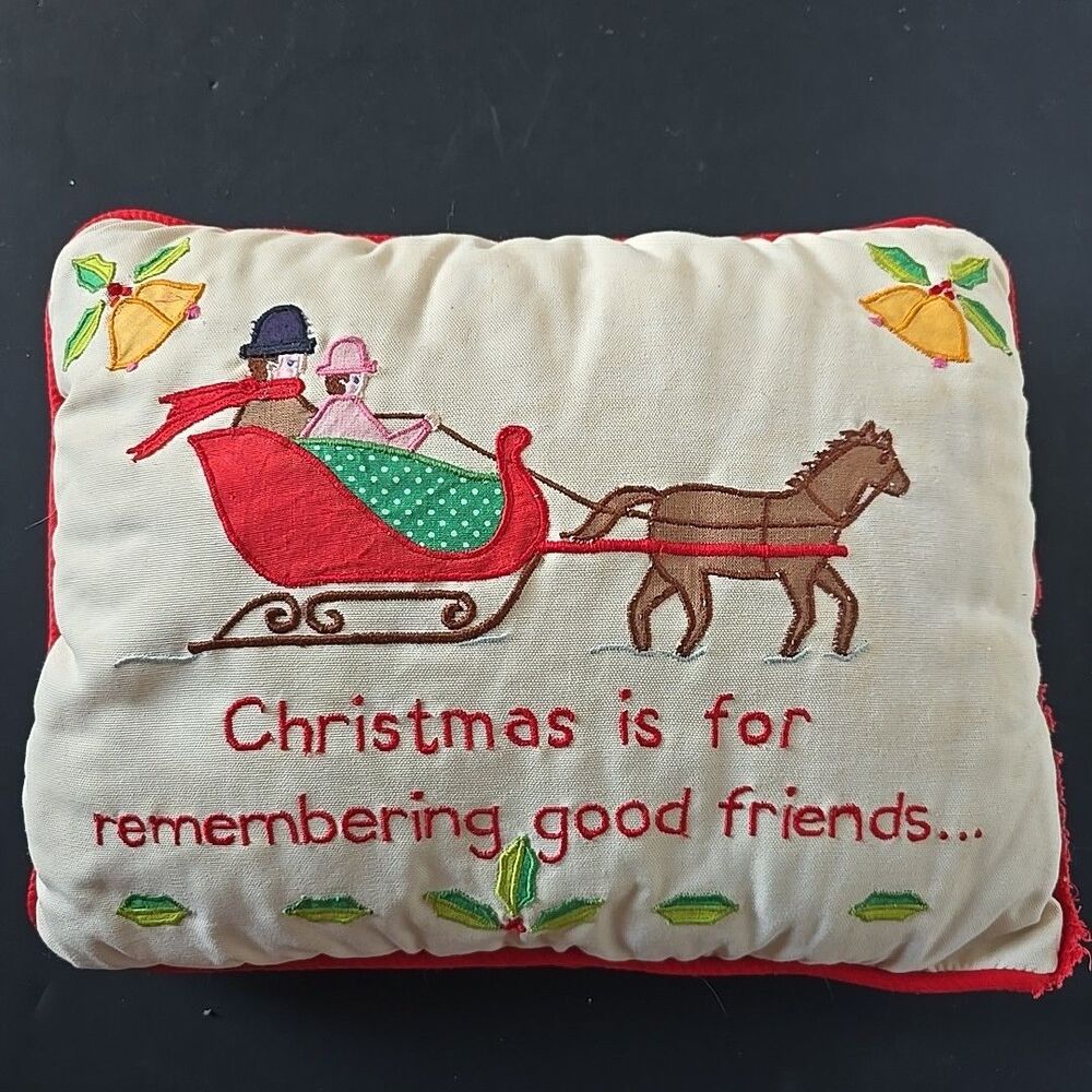 Vintage Silvestri Christmas Pillow Embroidered Applique Sleigh Horse Bells Holly
